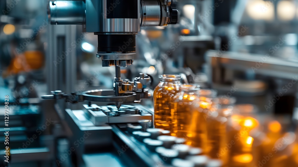 A machine is making bottles with a yellow liquid inside. The bottles are lined up on a conveyor belt A machine is making bottles with a yellow liquid inside. The bottles are lined up on a conveyor belt