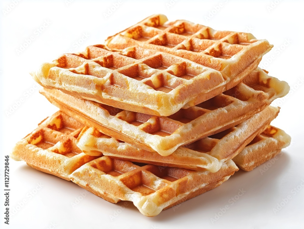 Stacked crispy waffles arranged on white background. Golden brown squares show delicate grid pattern. Baked dessert ready to eat. Studio lighting emphasizes texture. Perfect for breakfast snack. Food Stacked crispy waffles arranged on white background. Golden brown squares show delicate grid pattern. Baked dessert ready to eat. Studio lighting emphasizes texture. Perfect for breakfast snack. Food