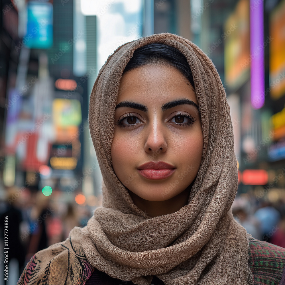 Arab Woman Standing and Looking at the Camera in New York City Arab Woman Standing and Looking at the Camera in New York City