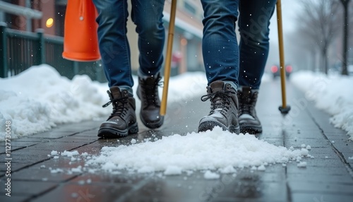 People spread salt on icy sidewalk to ensure pedestrian safety. Winter maintenance in progress. City workers residents clear snowy sidewalk. Prevent slipping hazards. Safe walking path. Winter photo