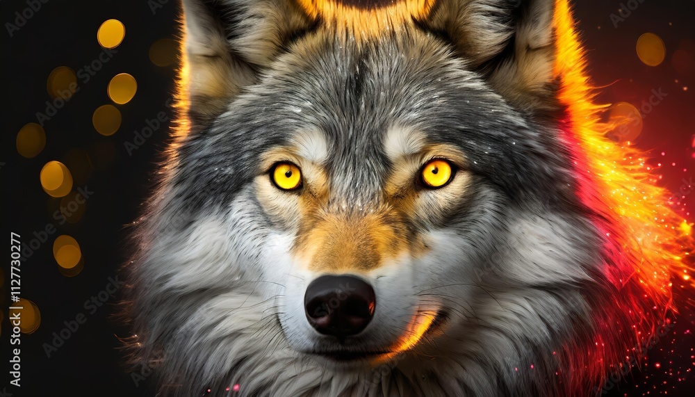 A Striking Image of a Wolf with Mesmerizing Yellow Eyes Against a Black Background, Featuring a Fiery Red Glow on Its Face, Capturing the Essence of Wild Beauty and Mystery in Nature. A Striking Image of a Wolf with Mesmerizing Yellow Eyes Against a Black Background, Featuring a Fiery Red Glow on Its Face, Capturing the Essence of Wild Beauty and Mystery in Nature.