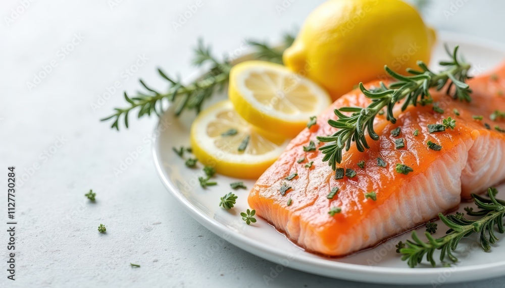 Fresh fish fillet with lemon, thyme on white plate. Prepared food ready to eat. Healthy eating concept. Natural ingredients. Tasty meal. Healthy meal. Delicious dish. Cooking concept. Natural food. Fresh fish fillet with lemon, thyme on white plate. Prepared food ready to eat. Healthy eating concept. Natural ingredients. Tasty meal. Healthy meal. Delicious dish. Cooking concept. Natural food.