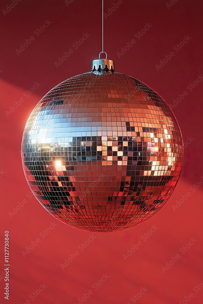 Fototapeta premium Red Disco Ball Ornament Hanging Against Red Background
