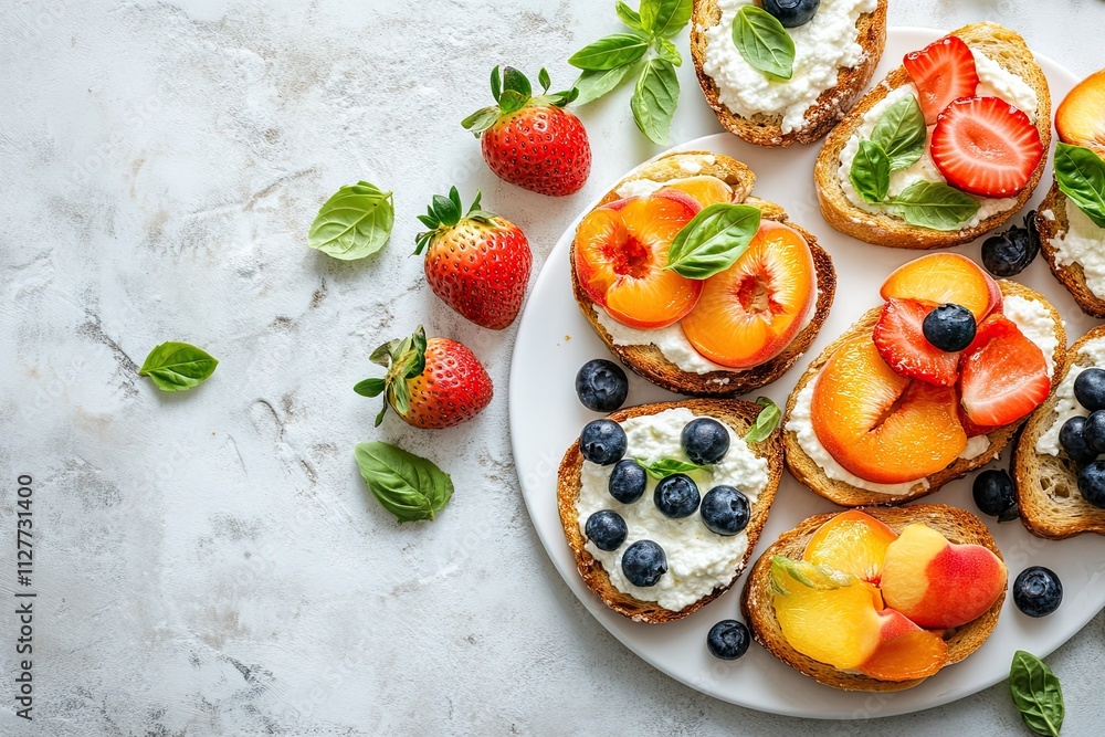 Flat lay with fresh organic summer berries and fruits of strawberries, blueberries and peaches on a white background with hard shadow. Top view and copy space Flat lay with fresh organic summer berries and fruits of strawberries, blueberries and peaches on a white background with hard shadow. Top view and copy space