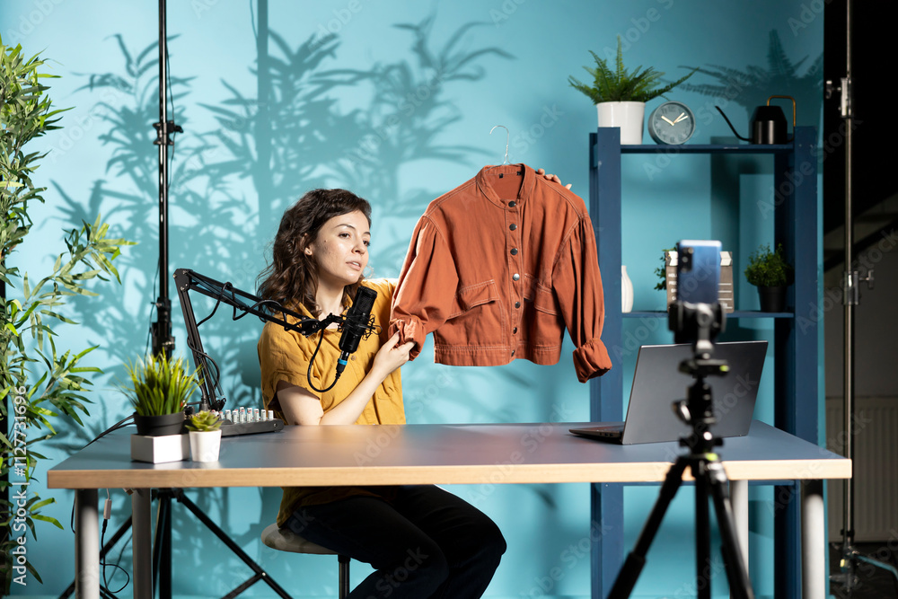 © DC Studio - Fashion designer presenting newly created stylish jacket to viewers, showcasing fabric details, filming with smartphone in tripod. Woman uses mobile phone selfie and mic to record clothing collection
