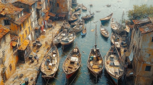 A scenic view of boats moored in a rustic harbor surrounded by old buildings. photo