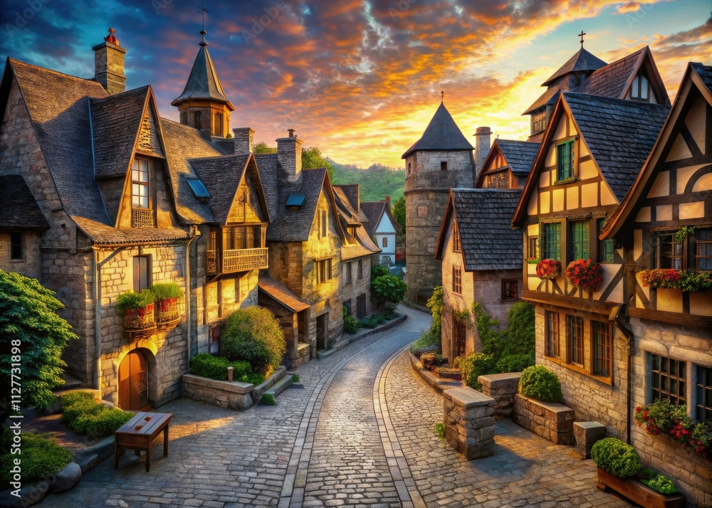Aerial perspective of a meticulously detailed, high-resolution 3D rendered fantasy medieval village with cobblestone streets. Aerial perspective of a meticulously detailed, high-resolution 3D rendered fantasy medieval village with cobblestone streets.