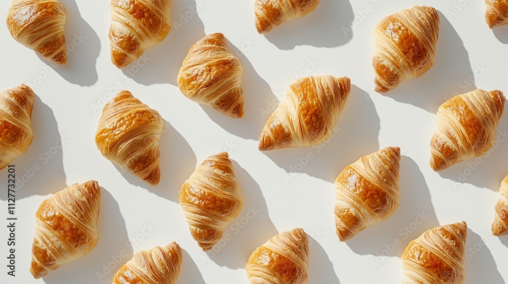 Freshly baked croissants arranged on a white surface. Freshly baked croissants arranged on a white surface.