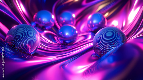 Vibrant cosmic themed 3d rendering of glowing planets and nebulous swirls in a futuristic space environment with vivid purple blue and magenta hues. Nebulous. Illustration photo