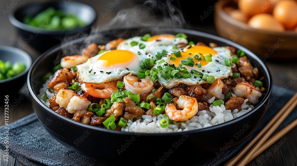 Gourmet Fried Rice Dish with Shrimp and Eggs Steaming in Minimalist Lighting Gourmet Fried Rice Dish with Shrimp and Eggs Steaming in Minimalist Lighting
