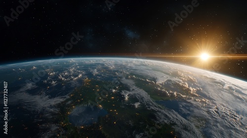 Glowing Satellite System Hovering Over Vibrantly Detailed Earth with Golden Hour Lighting