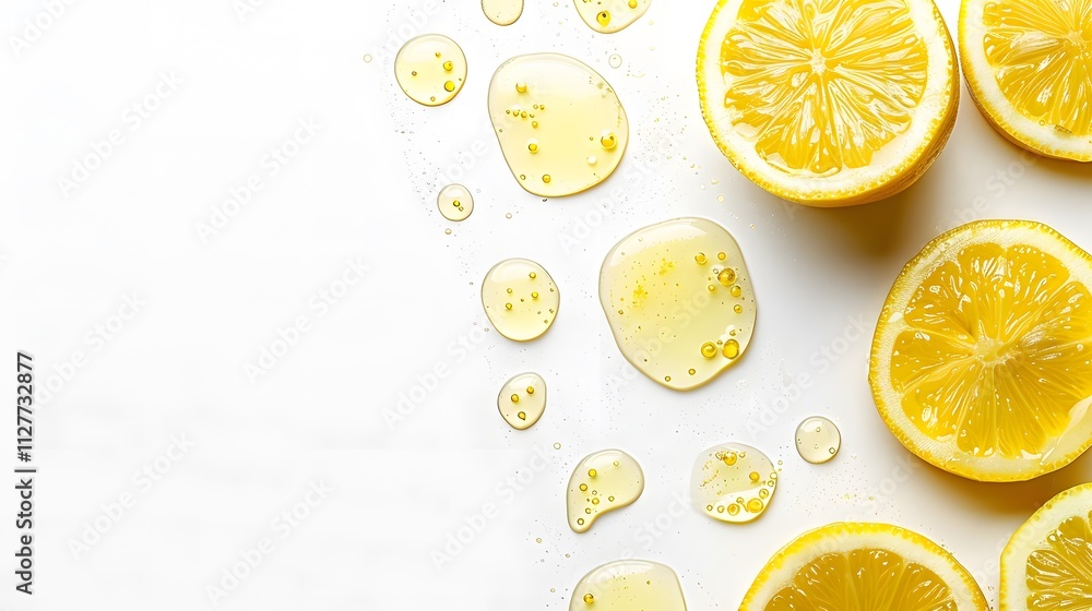 Lemon slices and oil drops on a white background. Lemon slices and oil drops on a white background.