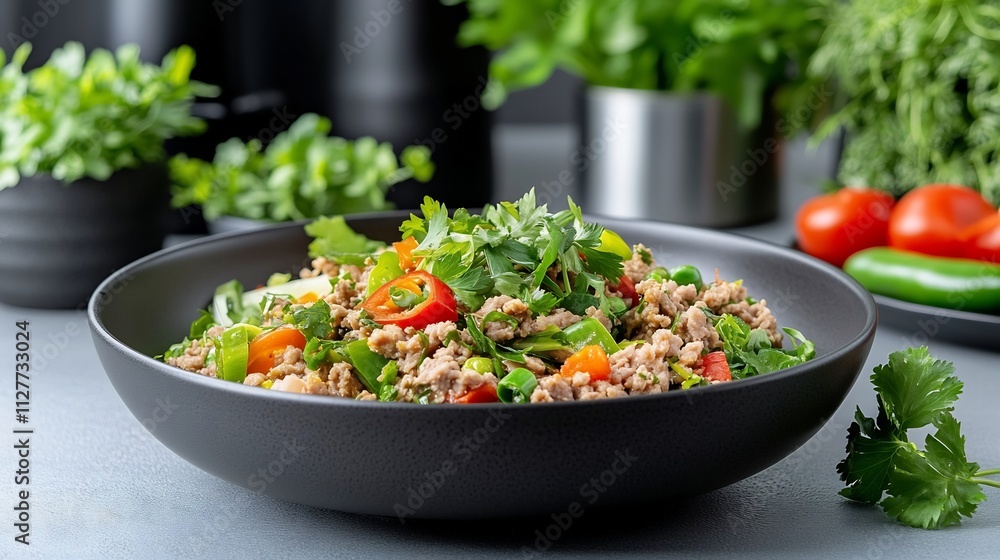 Minimalist Studio Setup Showcasing Vibrant Larb Dish with Minced Meat and Fresh Garnishes Minimalist Studio Setup Showcasing Vibrant Larb Dish with Minced Meat and Fresh Garnishes