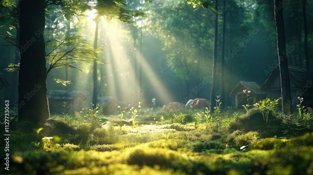 Obraz premium Sunlit forest floor shows rich plants with vibrant plants, wildflowers. Wooden huts subtly visible in background creating peaceful, natural scene. Calm, cool environment. Scenic outdoor paradise.