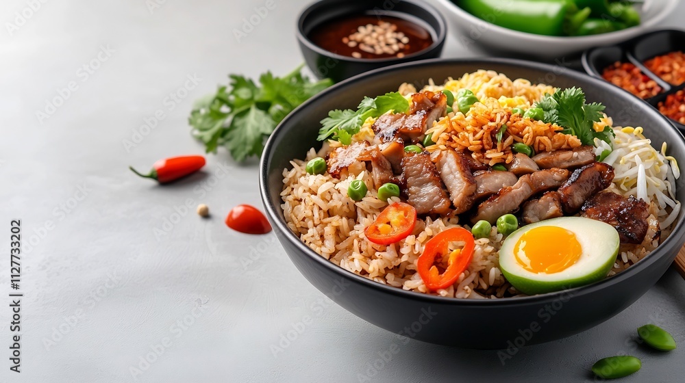 Overhead View of Colorful Fried Rice Dish with Garnishes and Soup on Pastel Background Overhead View of Colorful Fried Rice Dish with Garnishes and Soup on Pastel Background