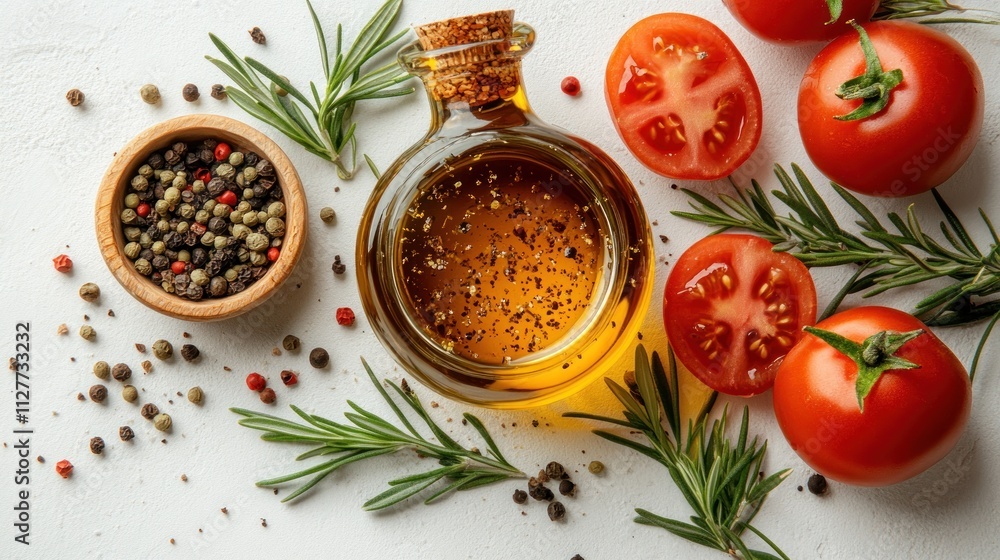 Olive oil, tomatoes, rosemary, peppercorns. Olive oil, tomatoes, rosemary, peppercorns.