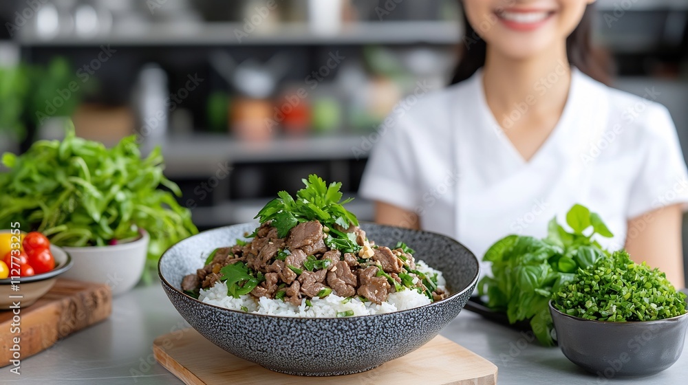 Fototapeta premium Panang Curry with Tender Beef in a Minimalist Studio Setup with Soft Lighting