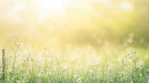 A close-up of a dewy spider web glistening in the morning sunlight on green grass.
