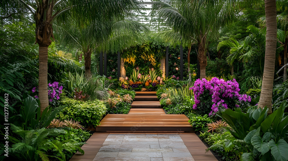 Bali tropical garden with palm trees and vibrant orchids, lush exotic sanctuary Bali tropical garden with palm trees and vibrant orchids, lush exotic sanctuary