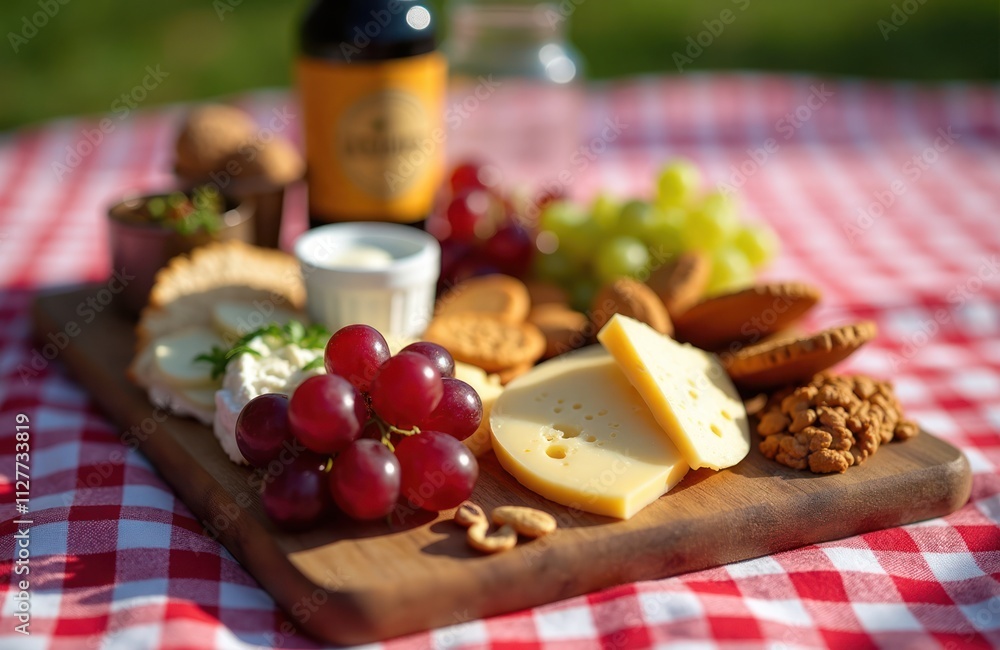 Outdoor charcuterie board displays assortment of cheeses grapes crackers nuts, bread. Picnic setting suggests relaxing outdoor meal. Fresh food items create visual appeal. Wooden board holds food Outdoor charcuterie board displays assortment of cheeses grapes crackers nuts, bread. Picnic setting suggests relaxing outdoor meal. Fresh food items create visual appeal. Wooden board holds food