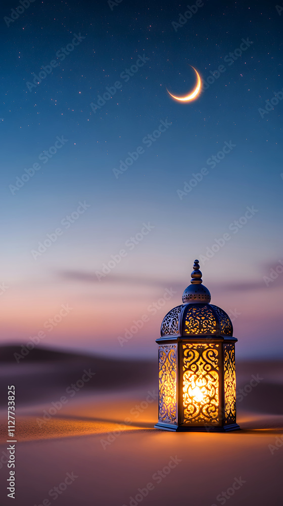 An Enchanting Evening: A Beautifully Lit Arabic Lantern Illuminates the Desert Night Sky Under a Crescent Moon's Gentle Glow. An Enchanting Evening: A Beautifully Lit Arabic Lantern Illuminates the Desert Night Sky Under a Crescent Moon's Gentle Glow.