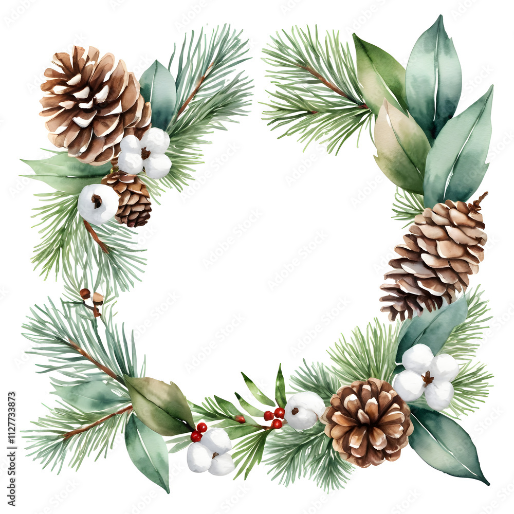 Fototapeta premium Merry Christmas watercolour decor greetings Happy New Year wishes and Xmas elegant Christmas card, with fir branches, pine cone, cotton, leaves, Botanical winter greenery holiday illustration white.
