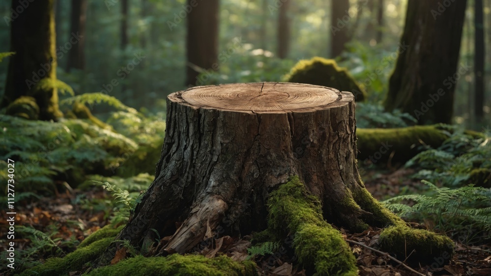 Tree stump pedestal in lush forest setting