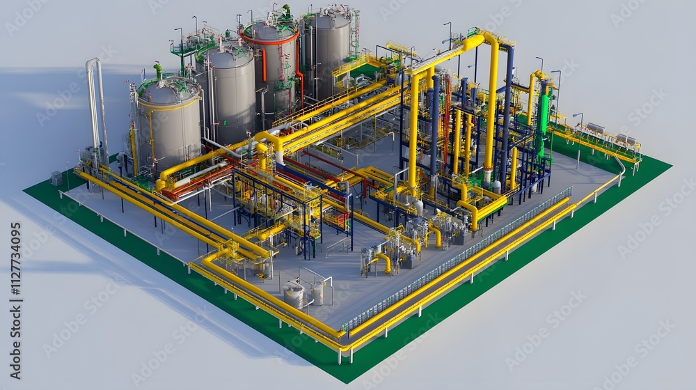 A large industrial plant with yellow pipes and tanks. The image is a 3D rendering of the plant A large industrial plant with yellow pipes and tanks. The image is a 3D rendering of the plant
