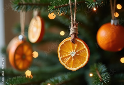 Christmas tree decorated with handmade orange slice ornaments. Natural decorations using cinnamon sticks, twine. Cozy holiday ambiance. DIY crafts for festive season. Creative Christmas tree