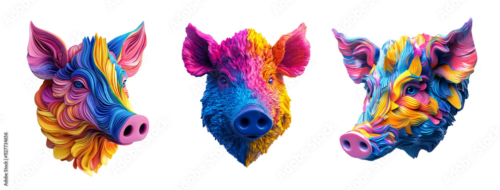 Fototapeta premium Colorful Artistic Pig Heads on Transparent Background