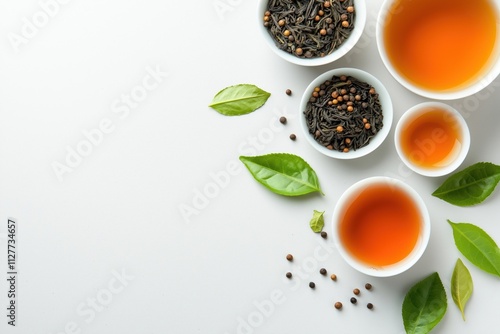 Close-up display of various types of tea. Bowls of loose leaf tea arranged with teacups filled with brewed tea, fresh green leaves. Layout suggests healthy beverage menu poster. Image offers photo