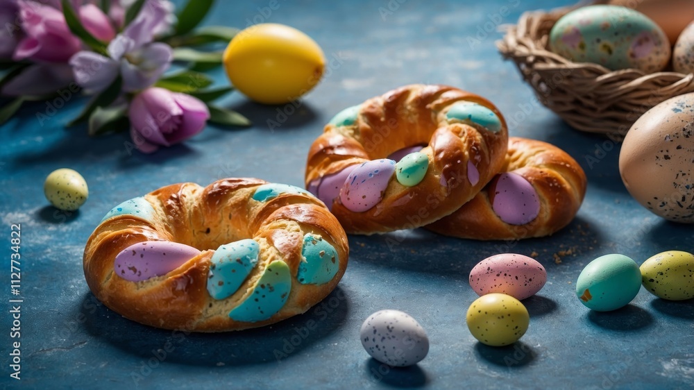 Obraz premium Traditional italian easter bread rings with eggs