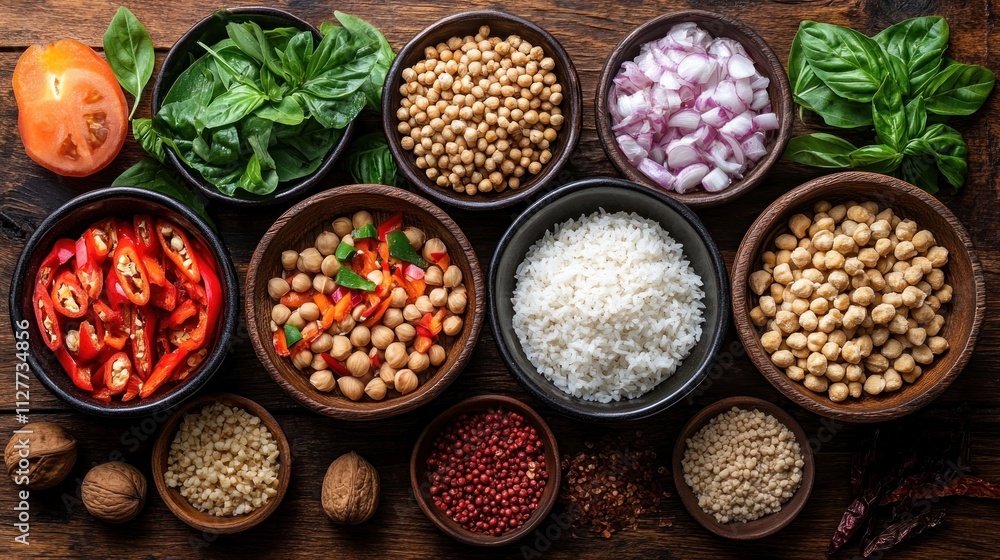 Overhead shot of various ingredients for a healthy meal. Overhead shot of various ingredients for a healthy meal.