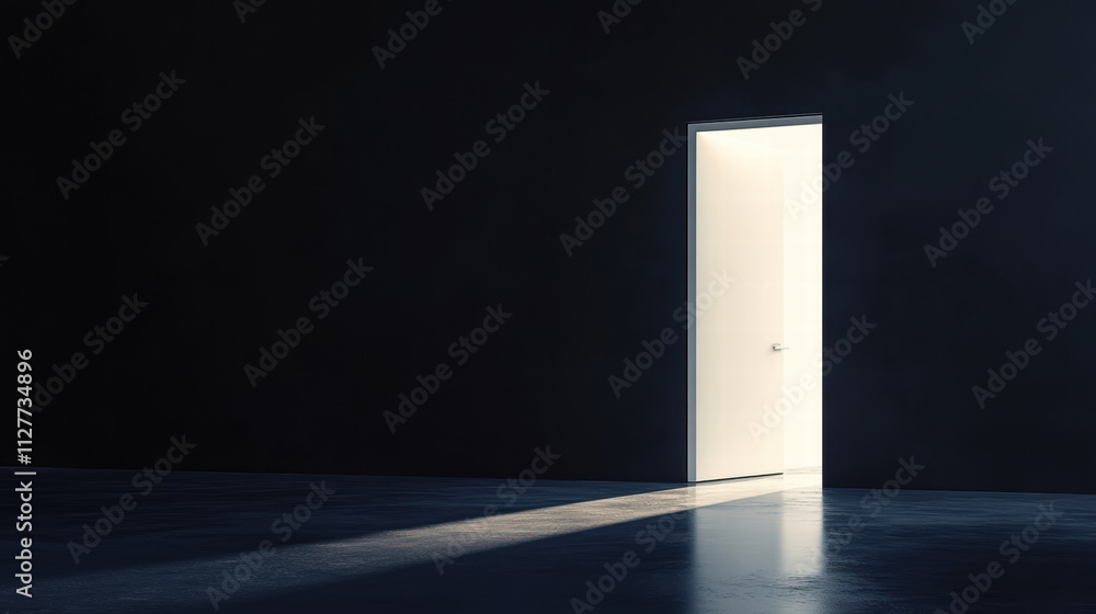 A slightly open white door in a dark room, with light shining through, a minimalistic black background A slightly open white door in a dark room, with light shining through, a minimalistic black background