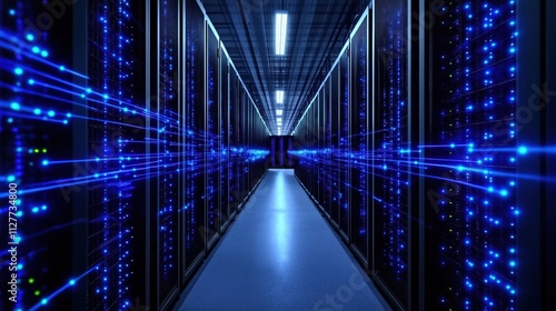 Wallpaper Mural Modern data center interior shows server racks with glowing blue lights. Networked servers process data. Generative AI systems operate. Advanced tech solutions provide scalable processing power. Tech Torontodigital.ca