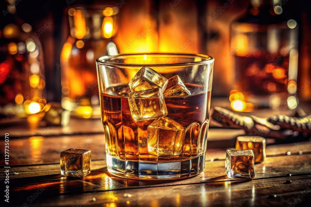 Amber glass, melting ice, a nostalgic whiskey still life, captured in retro photography. Amber glass, melting ice, a nostalgic whiskey still life, captured in retro photography.