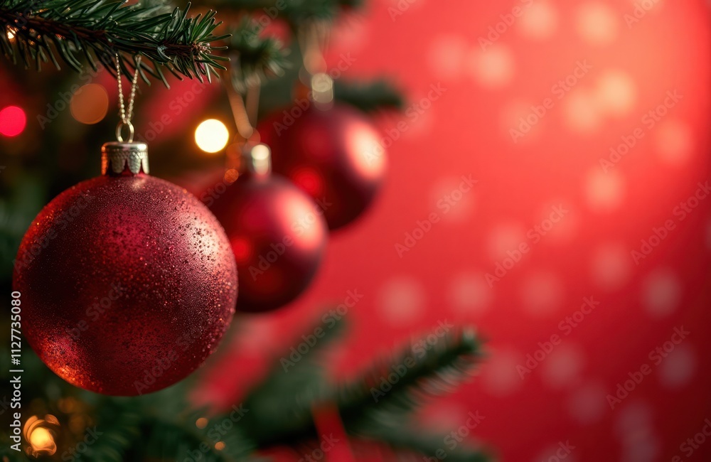 Obraz premium Red Christmas ornaments hang from festive Christmas tree. Bokeh lights create warm festive atmosphere. Christmas tree branches green. Background blurred red backdrop with white polka dots. Ornaments