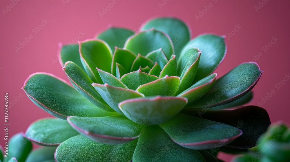 Close-up of a vibrant green succulent plant with reddish edges against a pink background. Close-up of a vibrant green succulent plant with reddish edges against a pink background.