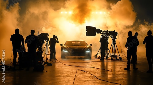 Film crew filming a luxury car in a smoky studio setting.