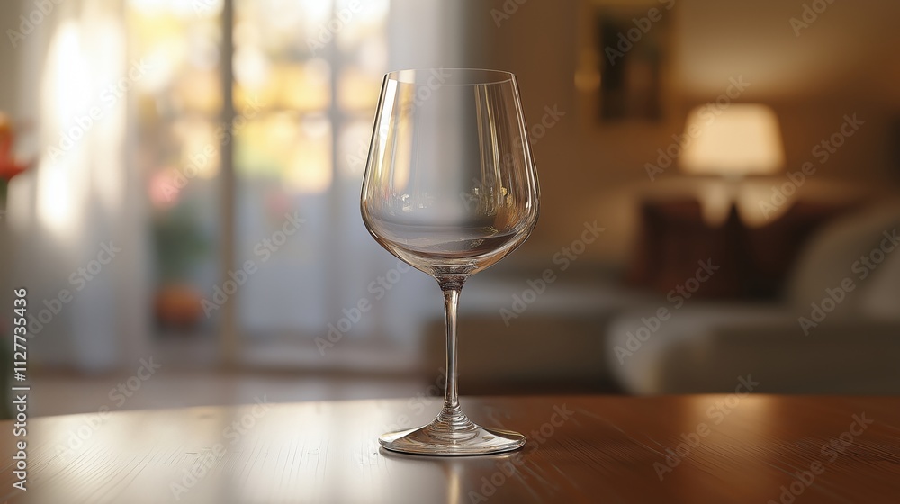 A clear wine glass placed on a wooden table in a cozy living room setting. A clear wine glass placed on a wooden table in a cozy living room setting.