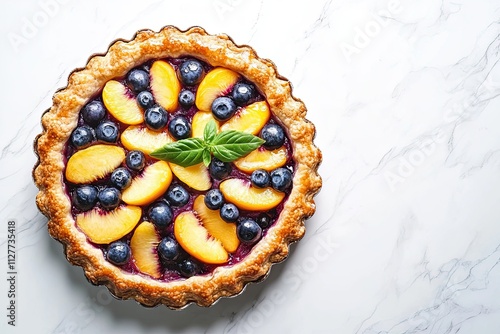 Galette, rustic sweet open pie with peach and blueberry onwhite marble background. top view photo