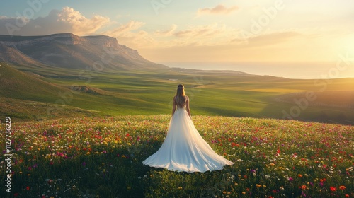A high angle portrait shot of a bride standing in an expansive green meadow, her flowing white dress catching the sunlight as she looks towards the horizon, with vibrant wildflowers and a calm sky in 