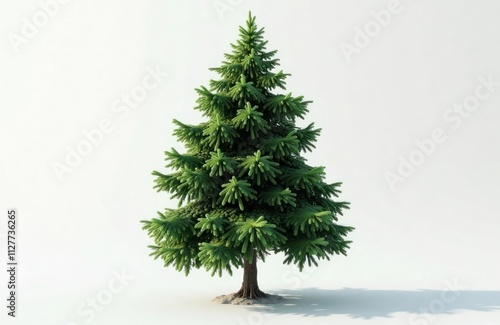 Evergreen tree model. Detailed 3D model shows dense foliage. Full view of conifer with full and rich green needles. Tree is alone on plain background. Suitable for eco themes or Christmas designs. photo