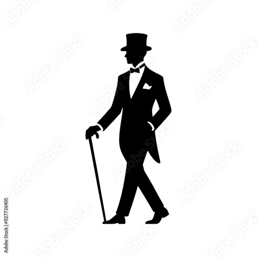 gentleman wear tuxedo and tophat walking with stick	
