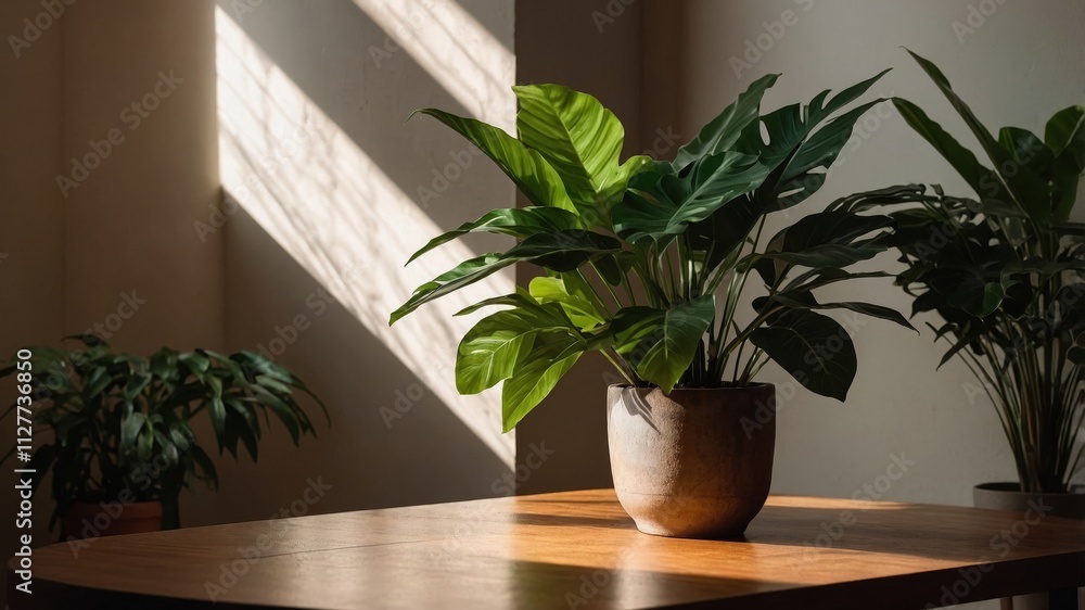 Sunlit wood table with leaf shadow and plant Sunlit wood table with leaf shadow and plant
