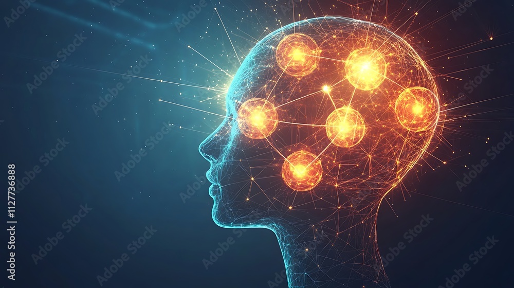 Abstract profile of a human head with glowing nodes representing ideas and connections. Abstract profile of a human head with glowing nodes representing ideas and connections.