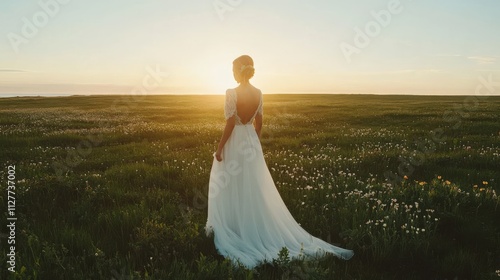 A high angle portrait shot of a bride standing in an expansive green meadow, her flowing white dress catching the sunlight as she looks towards the horizon, with vibrant wildflowers and a calm sky in 