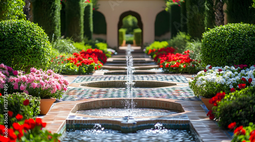 Marrakech Moroccan garden with tiled fountains and vibrant flowers, exotic cultural haven