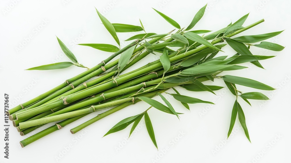 A bunch of fresh green bamboo sticks with leaves on a white background. A bunch of fresh green bamboo sticks with leaves on a white background.