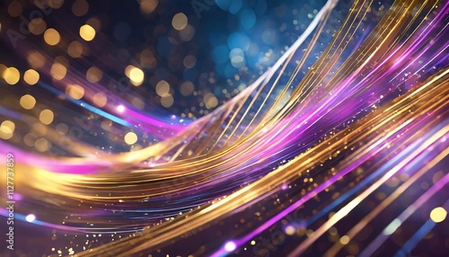 Abstract Futuristic Background Featuring Glowing Neon Wave Lines in Gold, Pink, and Blue Colors, Capturing High-Speed Movement and Dynamic Energy in a Stunning Visual Experience (